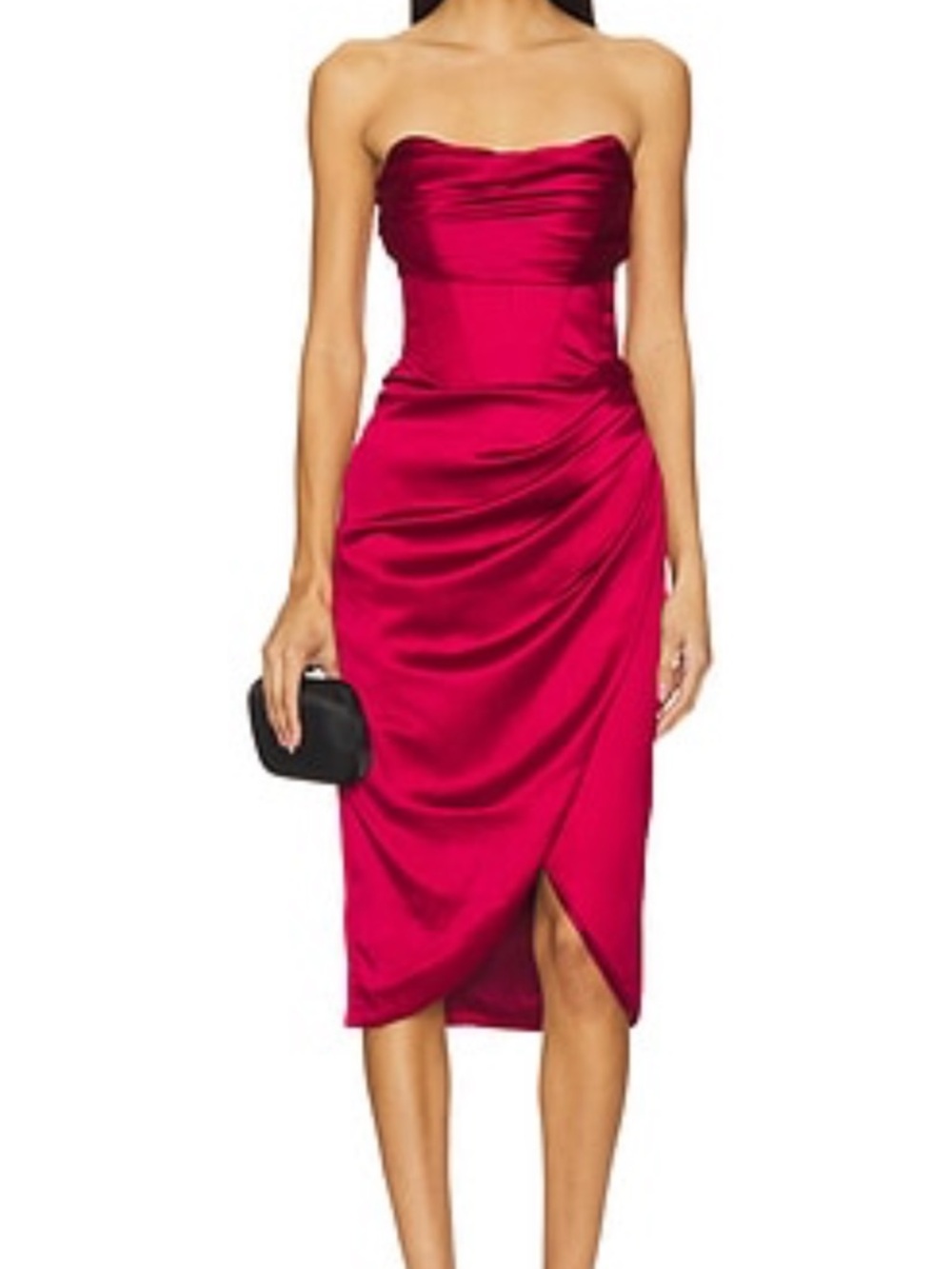 Bardot Strapless Satin Ruched Midi Dress in Burgundy
